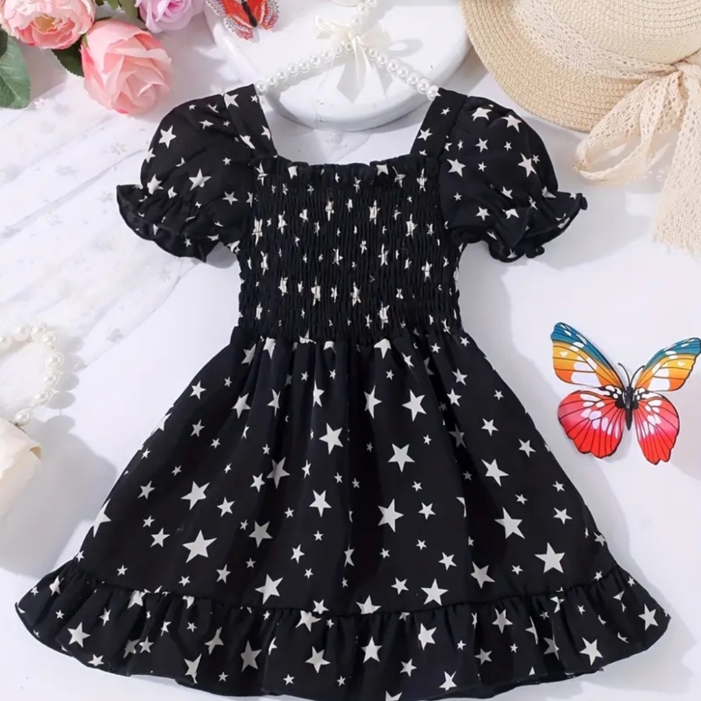 Baby Girls Cute Allover Star Graphic Print Puff Sleeve Shirred Dress
